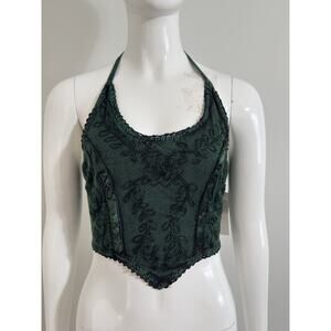 New My Choice Green Rayon Floral Embroidered Top S/M Boho Fairycore Whimsigoth